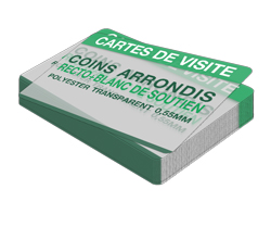 Carte de visite 1 face 85 × 55 mm polyester transparent 0,55 mm + blanc de soutien + coins arrondis