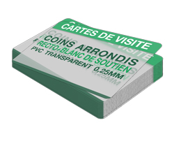 Carte de visite 1 face 85 × 55 mm PVC transparent 0,25 mm + blanc de soutien + coins arrondis