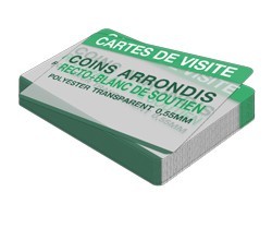 Carte de visite 1 face 85 × 55 mm polyester transparent 0,55 mm + blanc de soutien + coins arrondis