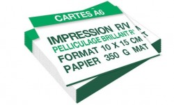 Carte A6 (100 × 150 mm) 350 g mat 2 faces + pelliculage brillant 1 face