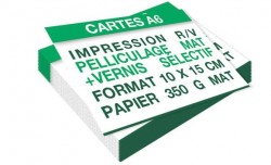 Carte A6 (100 × 150 mm) 350 g mat 2 faces + pelliculage mat 2 faces + vernis sélectif 2 faces