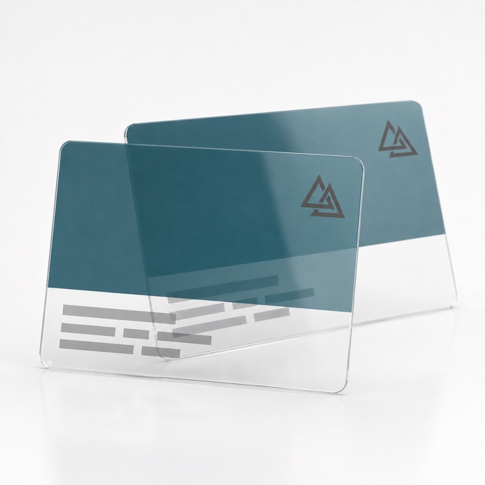 Carte de visite 1 face 86 × 54 mm polyester transparent 0,55 mm + blanc de soutien + coins arrondis