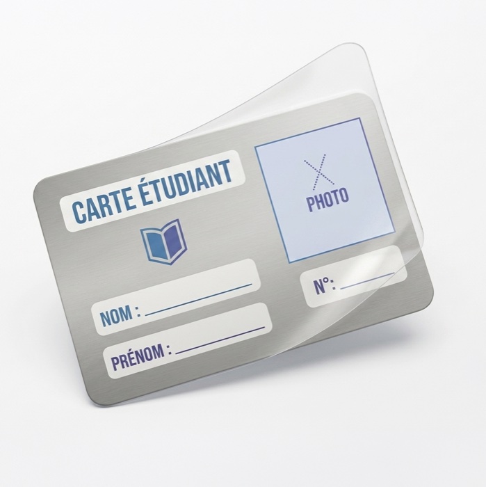 Carte étudiant PVC 0,76 mm 2 faces + rabat adhésif précollé + pavé d'écriture