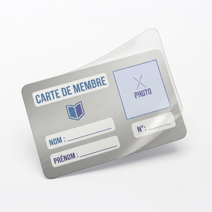 Carte de membre PVC 0,76 mm 2 faces + rabat adhésif précollé + pavé d'écriture